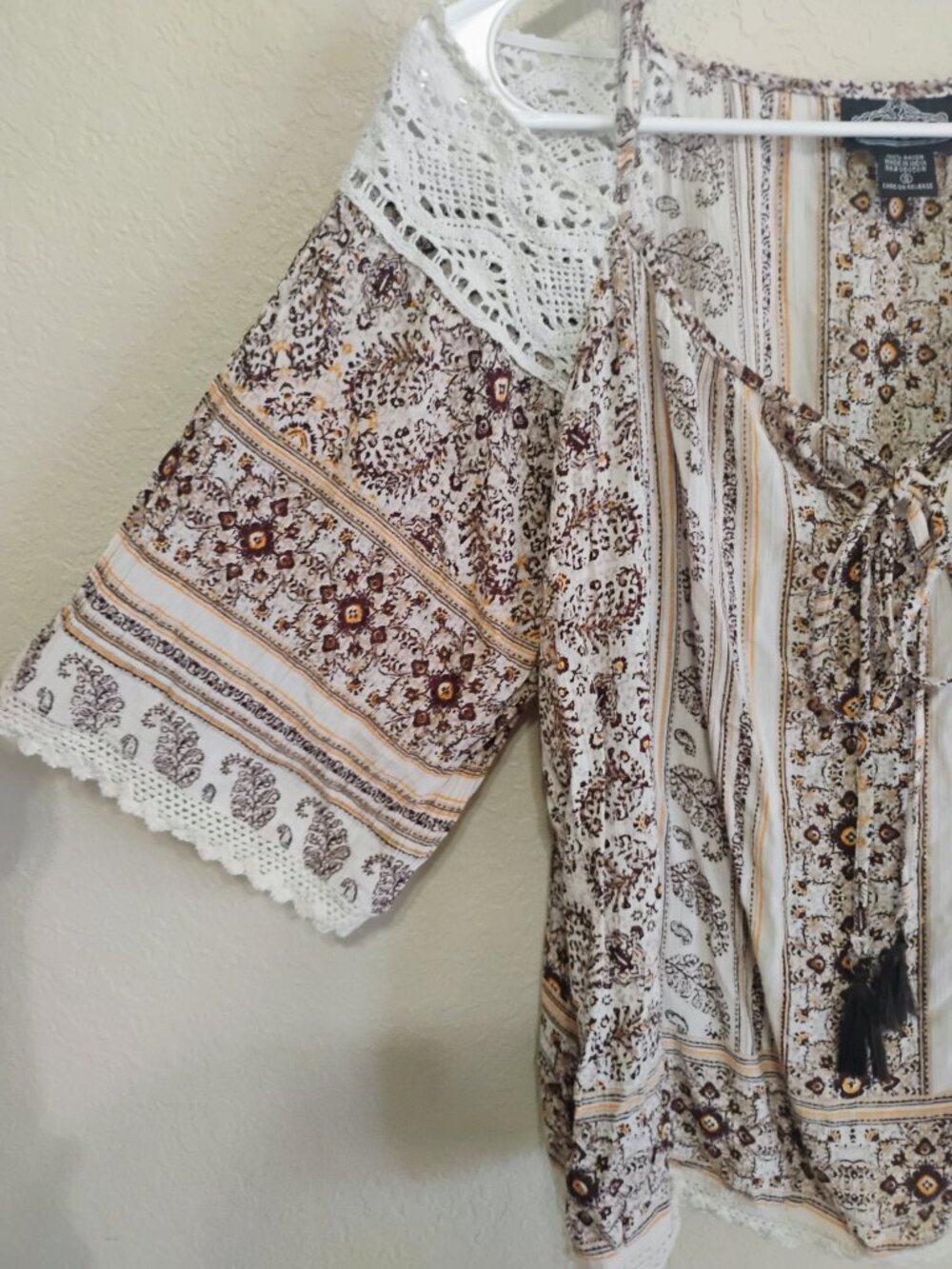 Angie Boho Peasant Top Small Lace Tassel Floral Festival Blouse - Picture 2 of 5